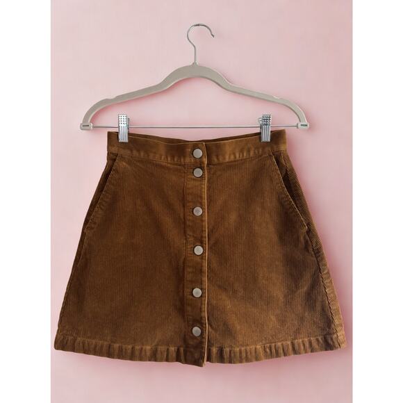 Uniqlo Brown Corduroy Mini Skirt Size 2 Button Front Pockets A-Line - Picture 1 of 8
